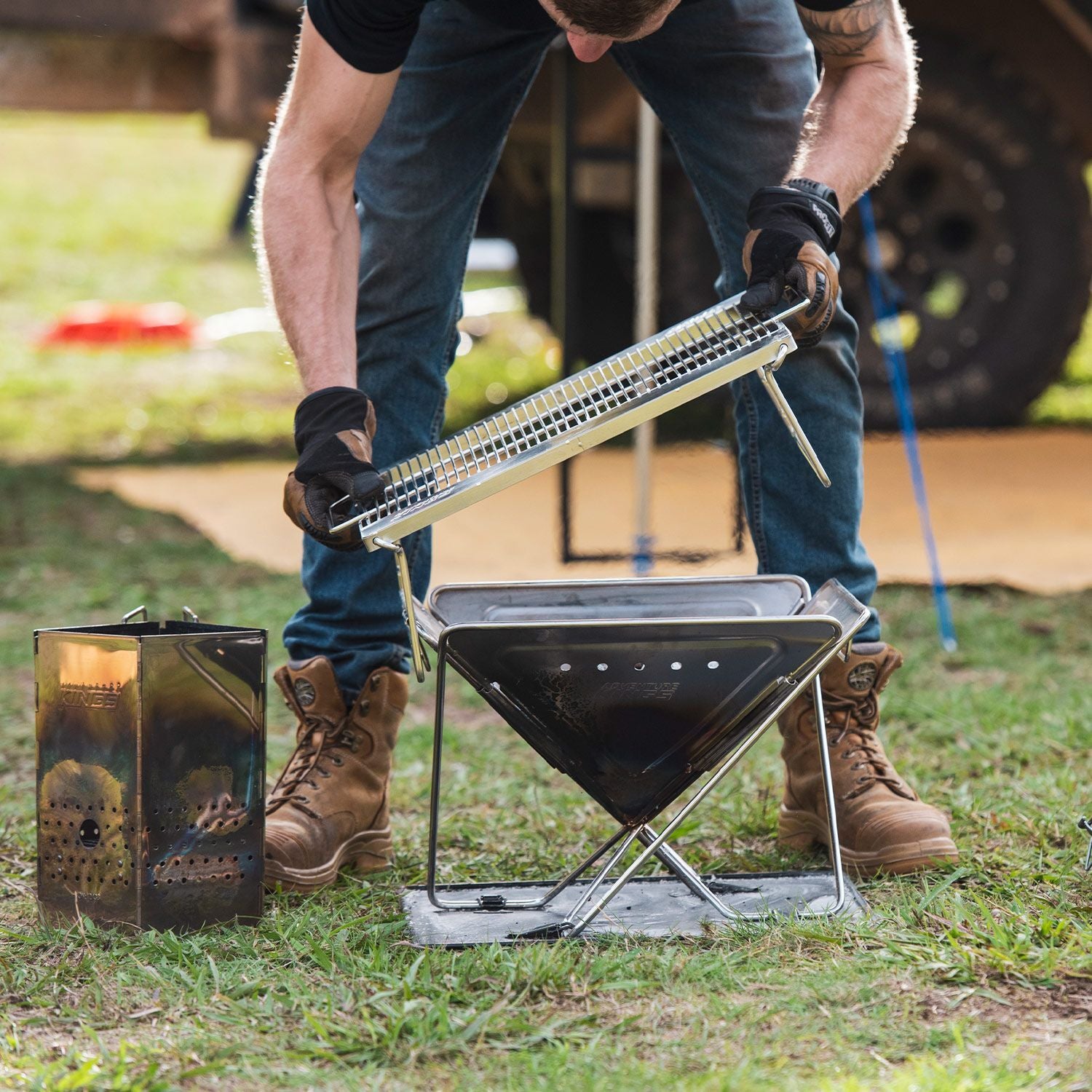 Adventure Kings Premium Stainless Steel Folding Firepit + Folding Firepit Grill