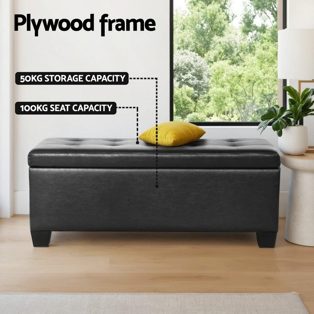 97cm Leather Storage Ottoman Blanket Box Bench Black
