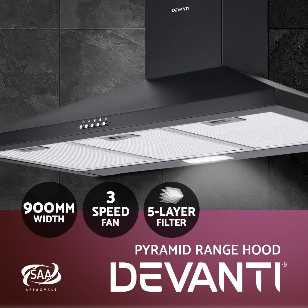 900mm Range Hood 90cm Kitchen Canopy LED Black