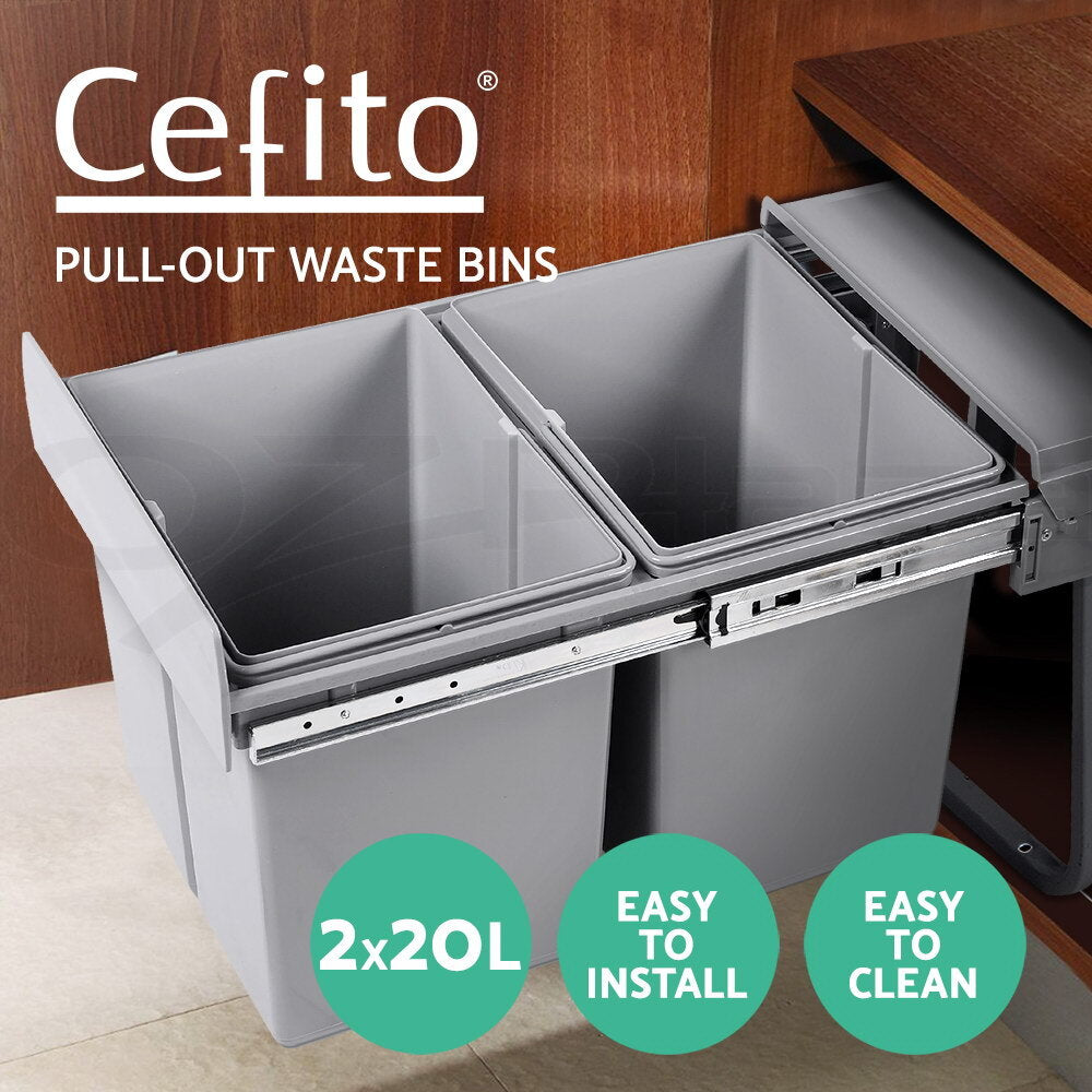 2x20L Twin Pull Out Kitchen Rubbish Bin Double Slide