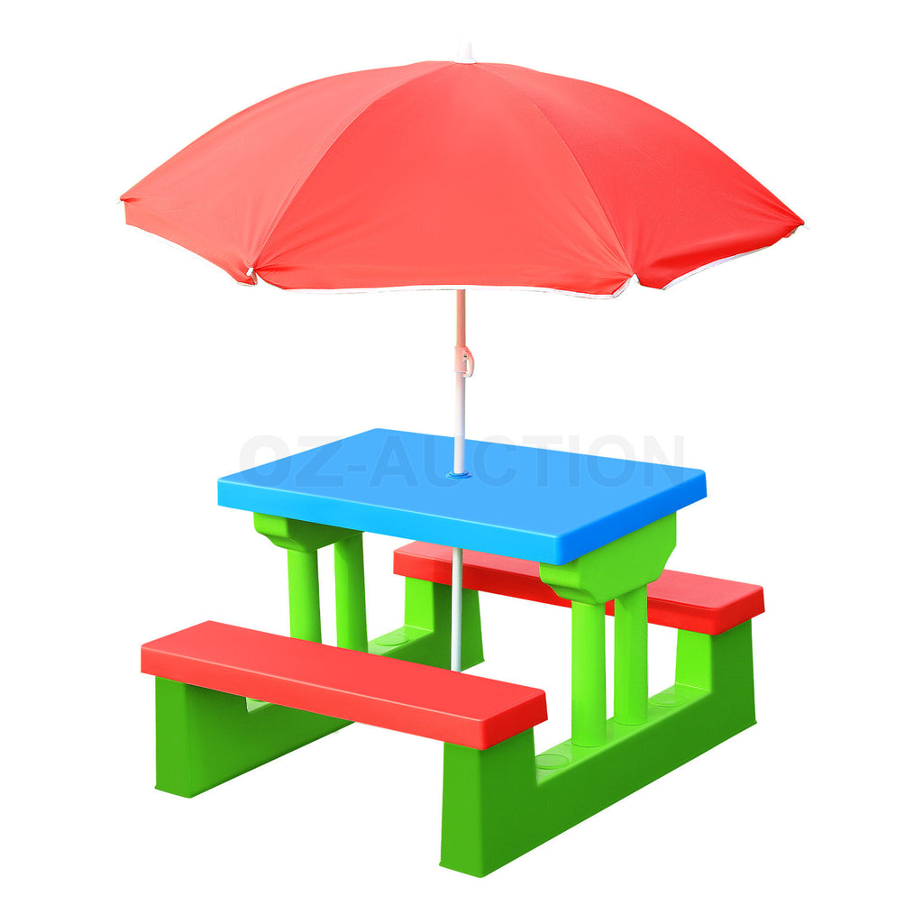 Multi-Color Kids Picnic Table – Outdoor/Indoor Bench & Umbrella Set