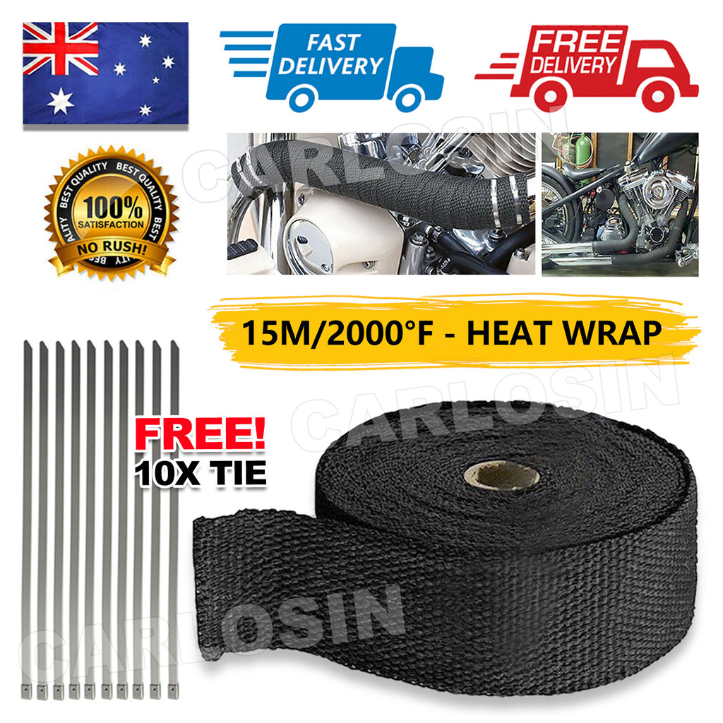 Exhaust Wrap Heat Resistant Black 15M x 50mm 2000°F with Steel Ties