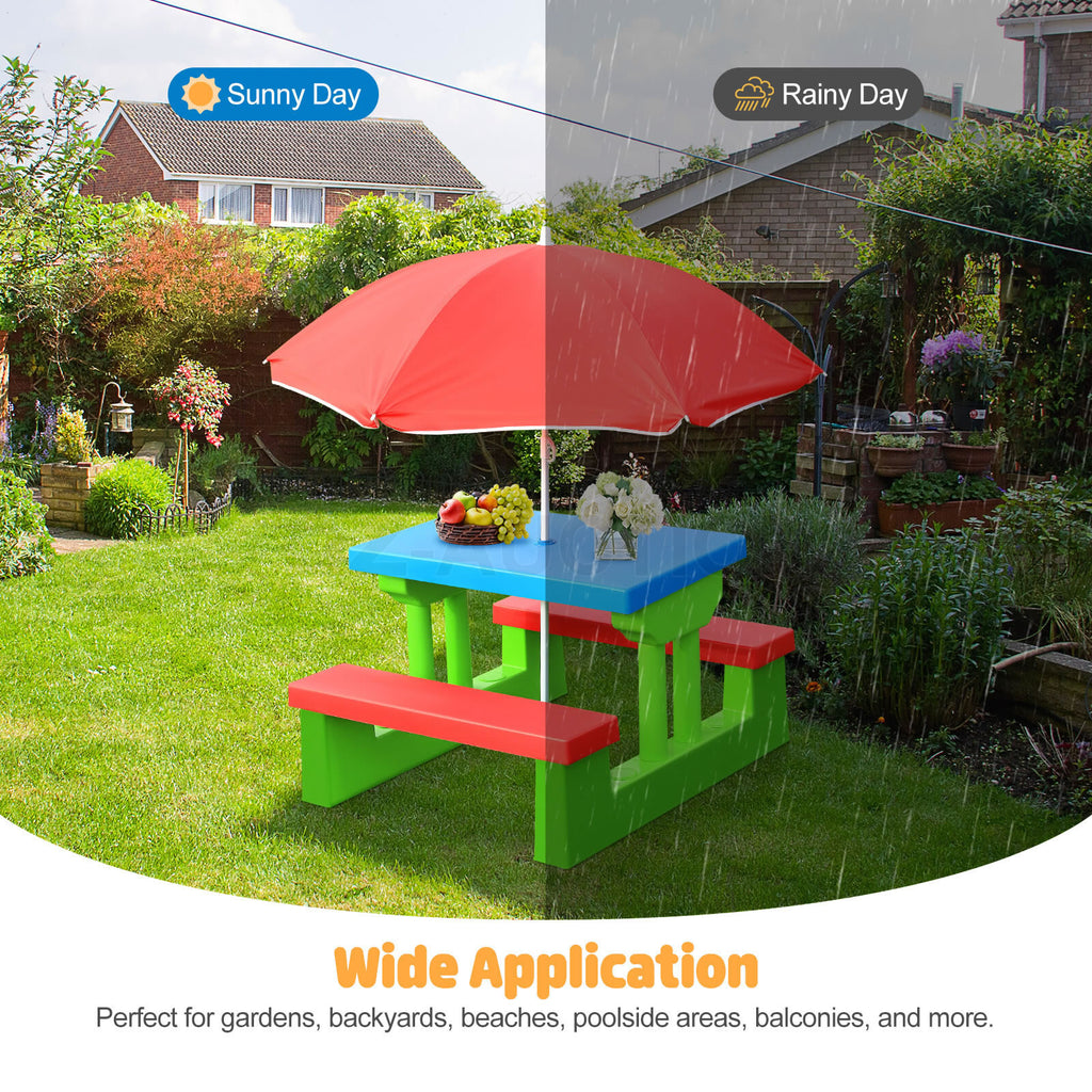 Multi-Color Kids Picnic Table – Outdoor/Indoor Bench & Umbrella Set