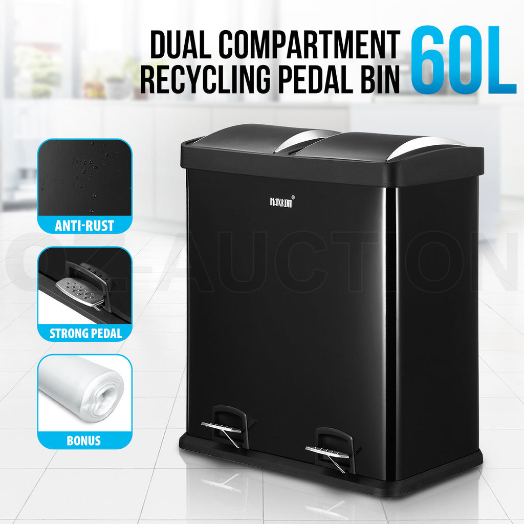 60L Maxkon Pedal Bin – Dual Compartment Rubbish & Recycling Can