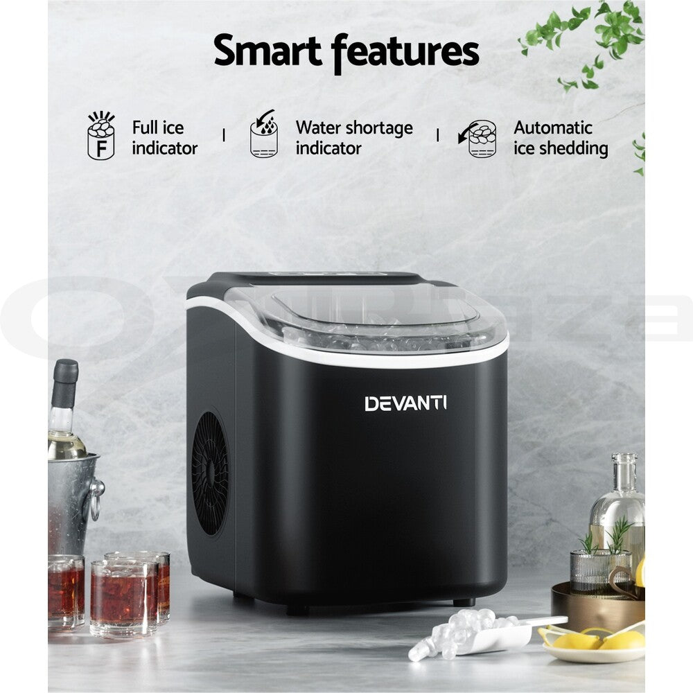 Devanti Portable Ice Maker Machine Ice Cube Tray 12kg Bar Countertop Black