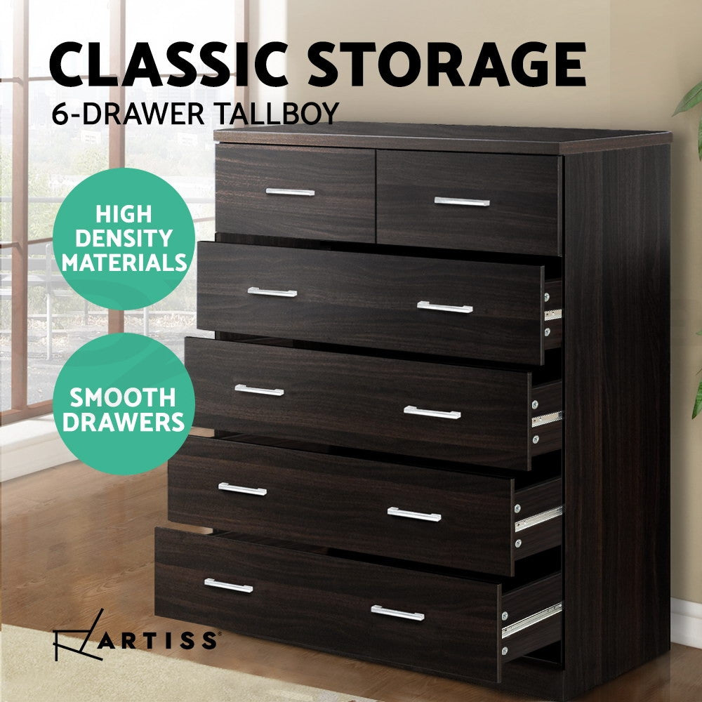 6 Drawer Chest Tallboy Storage Cabinet Walnut