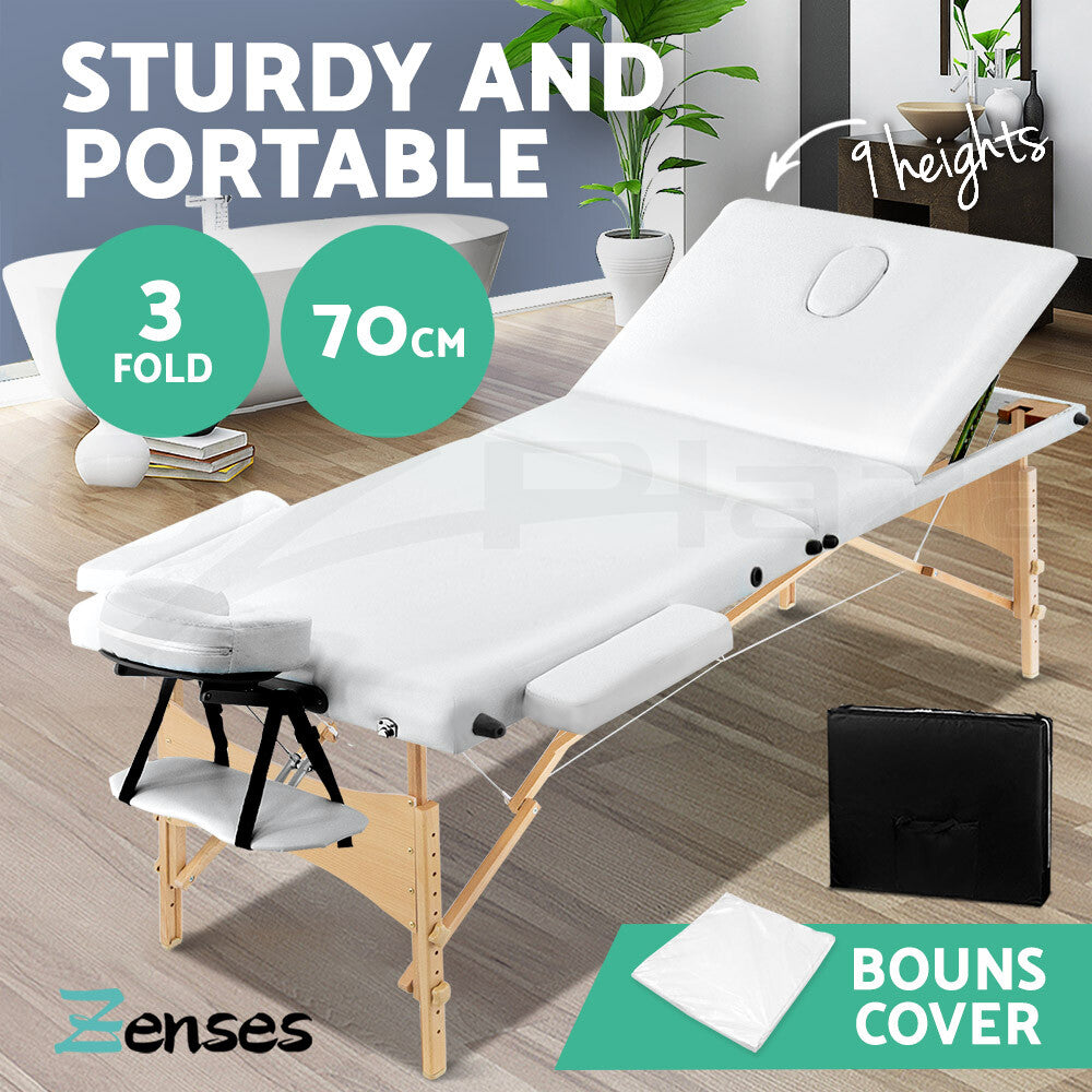 Portable Massage Table 70cm 3 Fold Wooden Therapy Bed White