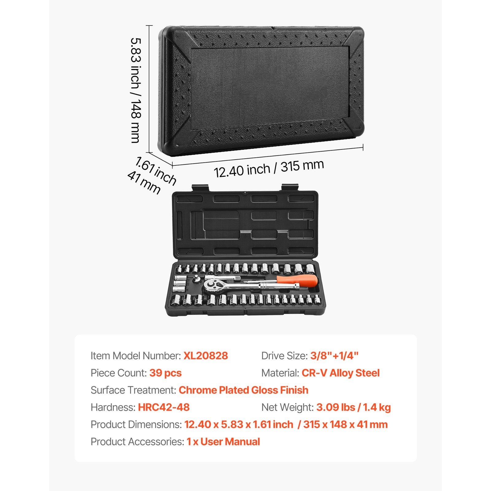 Uimoso 39-Piece Socket and Ratchet Set for Auto Repair, 9.5 & 6.4 mm Drive