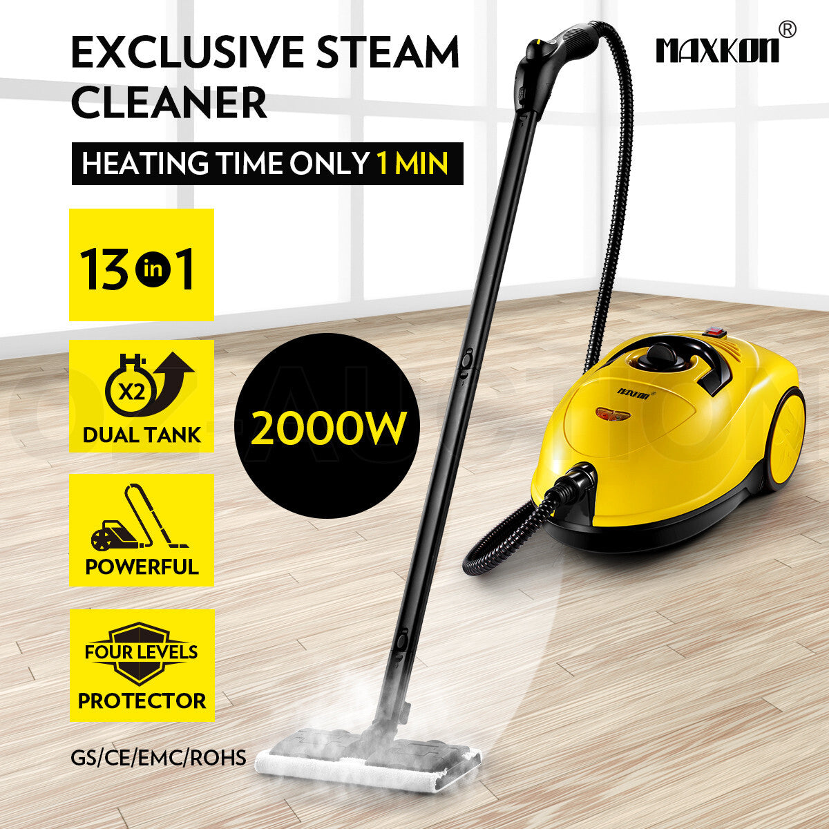 Maxkon 13-in-1 Steam Mop – High Pressure Floor & Carpet Cleaner, 3.4L Dual Tank