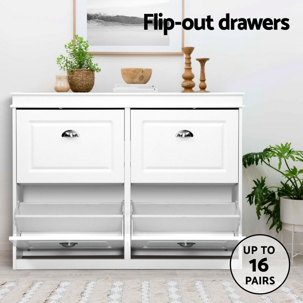 Shoe Rack Storage Cabinet 3/4 Flip Out Drawers White