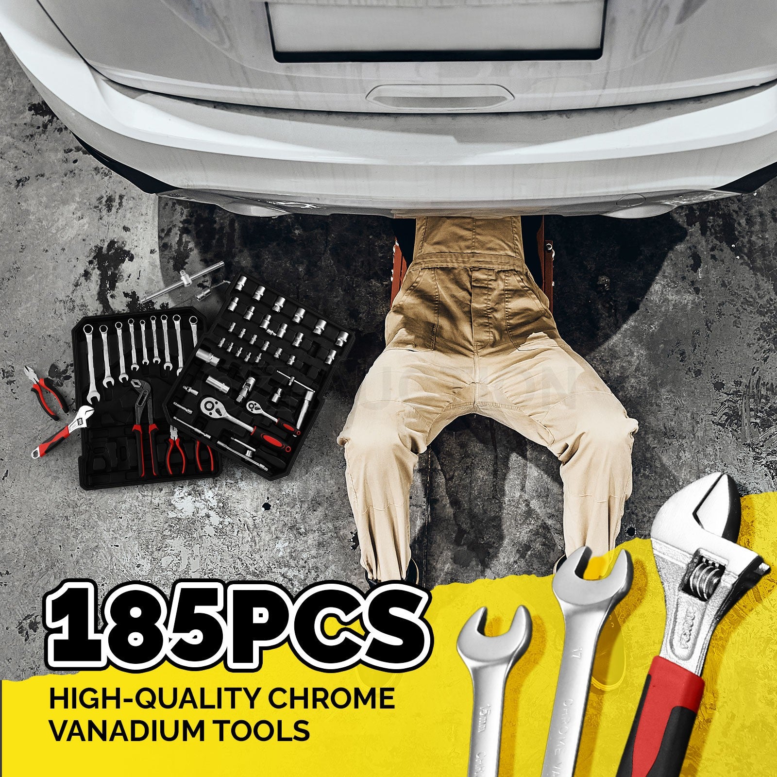 185-Piece Tool Box Trolley Set – DIY Home Car Repair, Aluminum Case