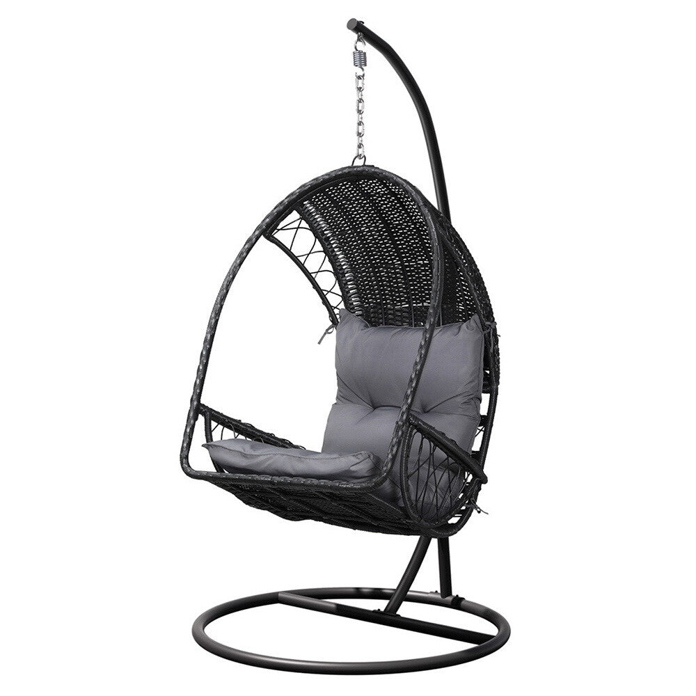 Outdoor Wicker Egg Swing Chair Pod Stand Armrest Black