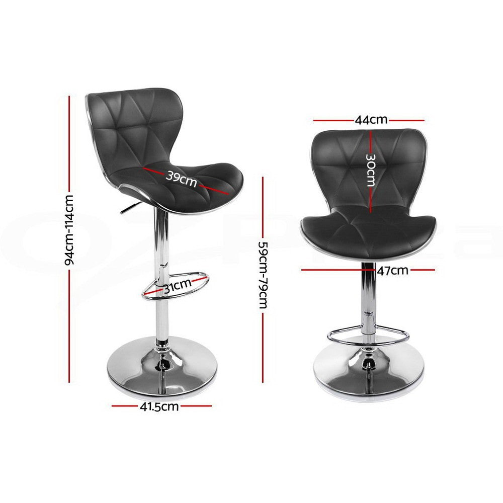 2x Bar Stools Gas Lift Swivel Leather Chairs Black