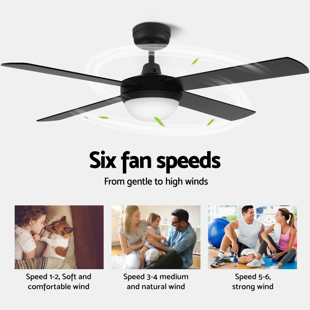 52'' DC Ceiling Fan 4 Blades LED Light Remote Timer Black