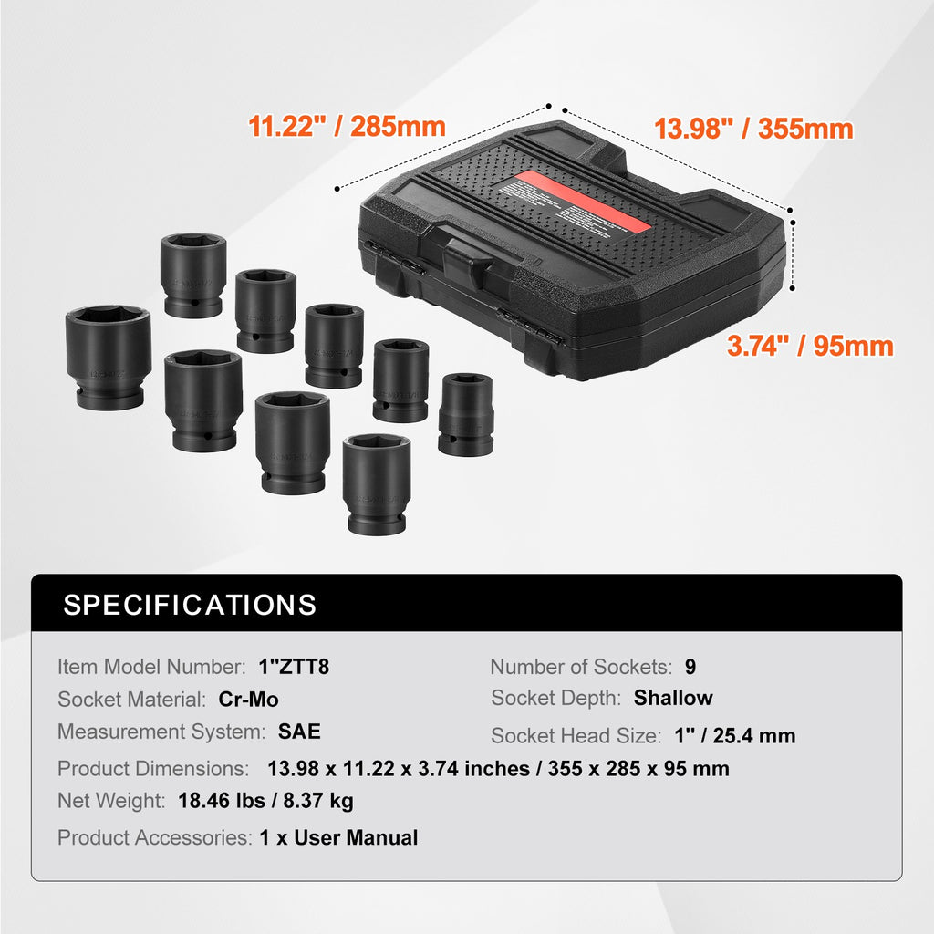 Uimoso Axle Nut Impact Socket Set 1" Drive 6-Point 9PCS SAE Spindle Nut Socket