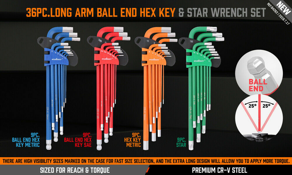 36pc Hex & Torx Key Set – Extra Long Allen Wrenches Ball End