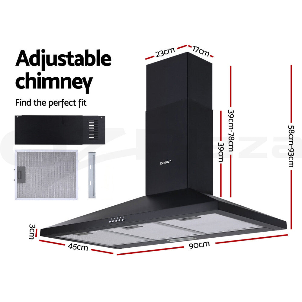 900mm Range Hood 90cm Kitchen Canopy LED Black