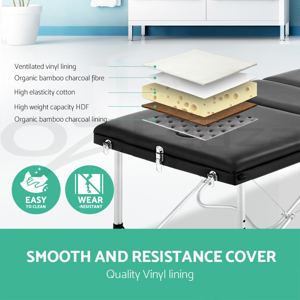 80cm Portable 3 Fold Aluminium Massage Therapy Bed Black