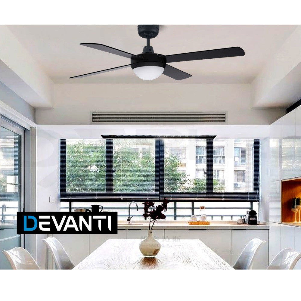 52'' DC Ceiling Fan 4 Blades LED Light Remote Timer Black