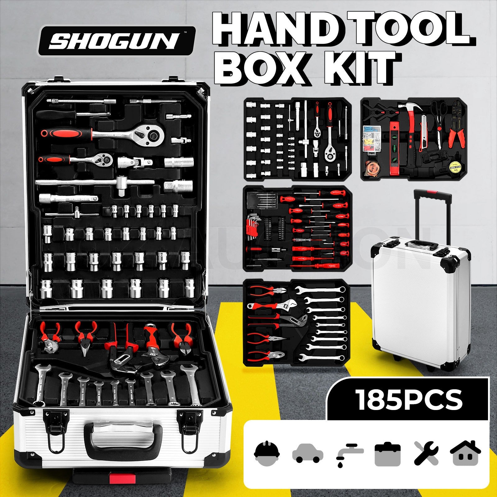 185-Piece Tool Box Trolley Set – DIY Home Car Repair, Aluminum Case