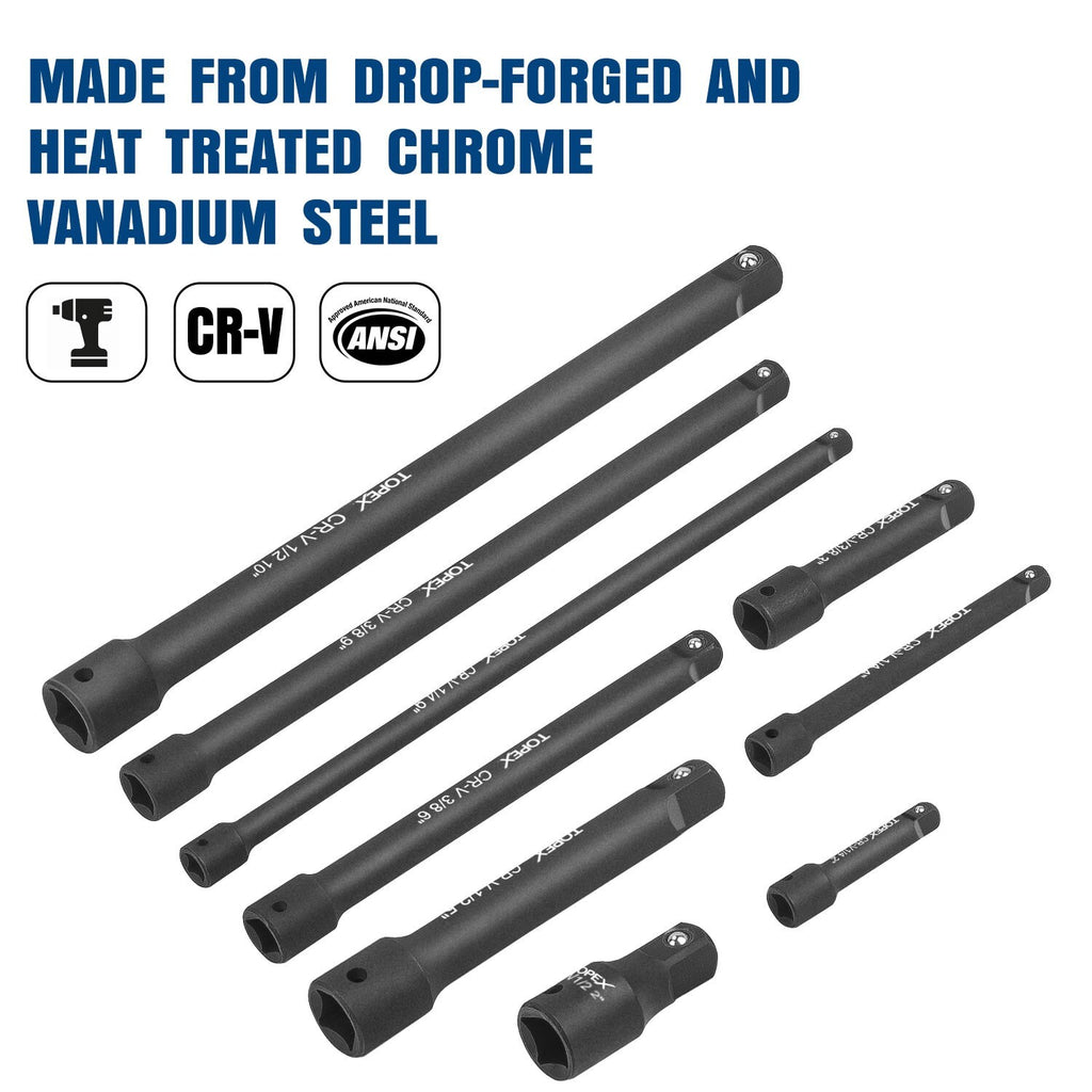 9pc Extension Bar Set – 1/4", 3/8" & 1/2" Socket Drive