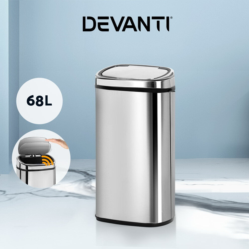 Devanti 68L Motion Sensor Bin Automatic Kitchen Trash Silver