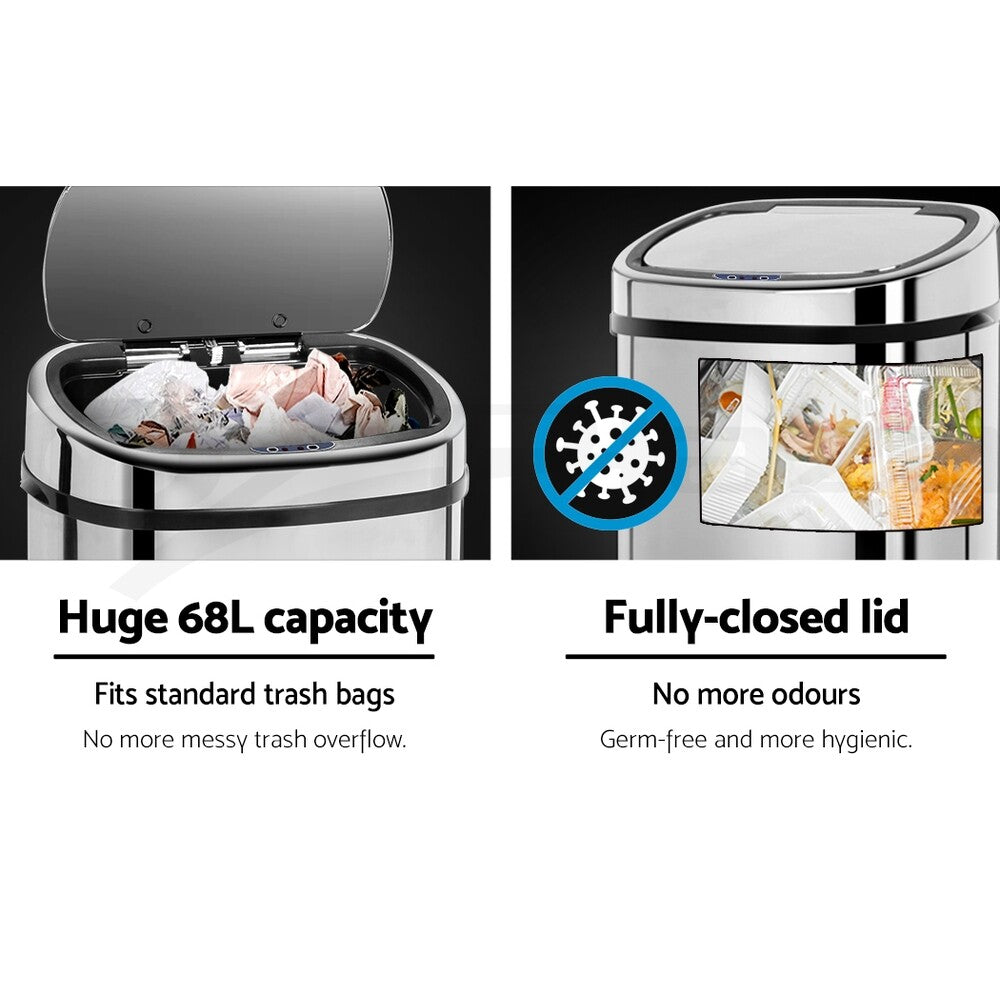 Devanti 68L Motion Sensor Bin Automatic Kitchen Trash Silver