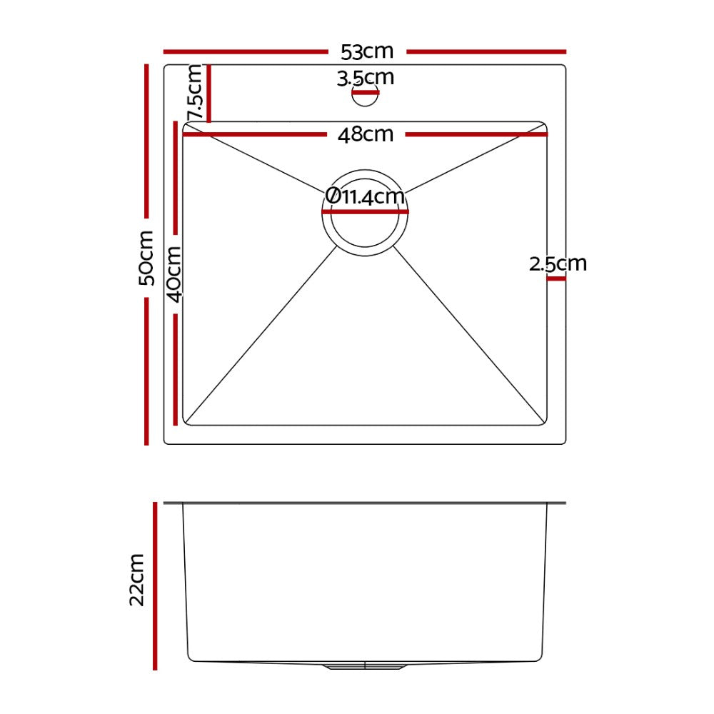 53x50cm Stainless Steel Kitchen Sink Single Bowl Silver