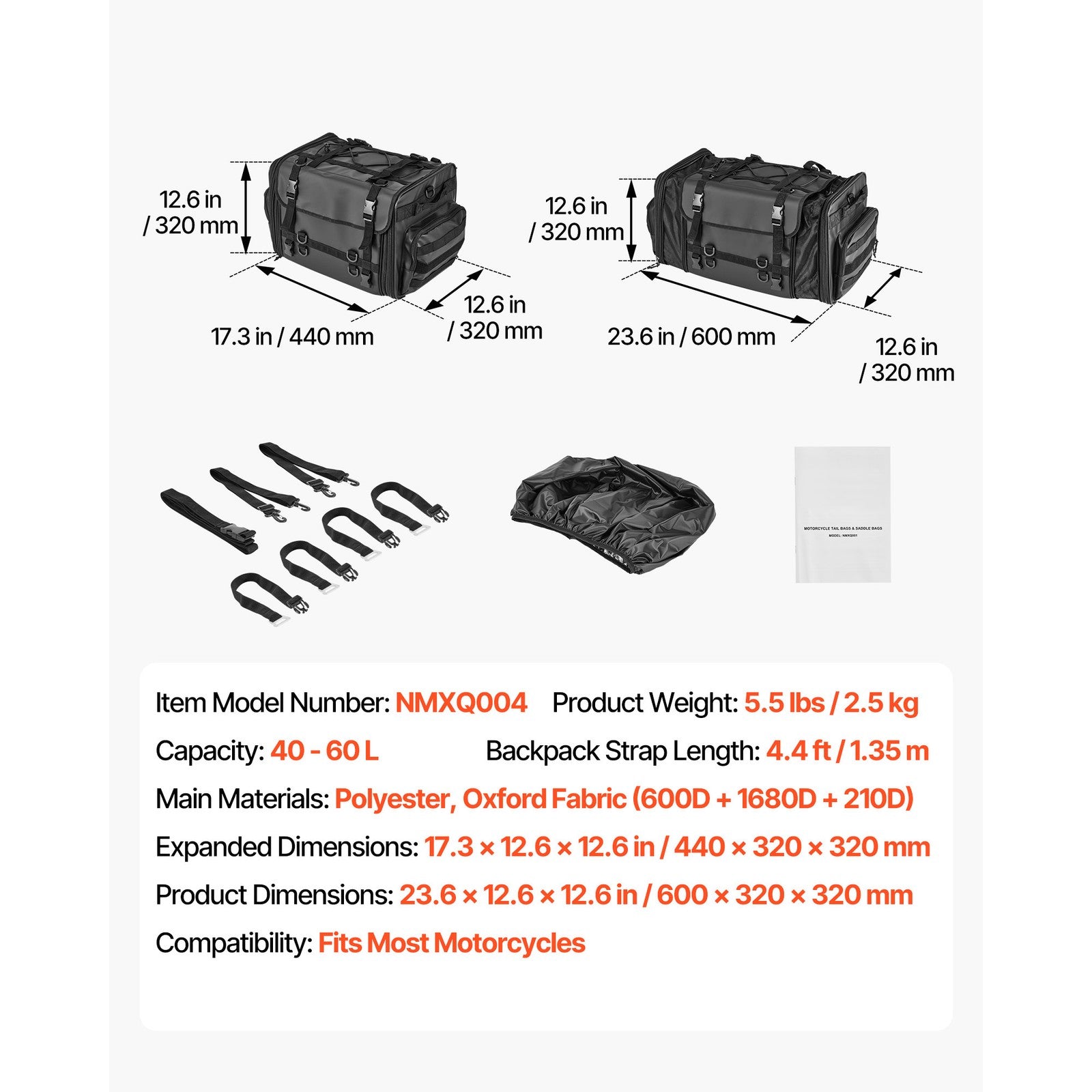 Uimoso Expandable Motorcycle Tail Bag with 40-60L Storage and Shoulder Strap