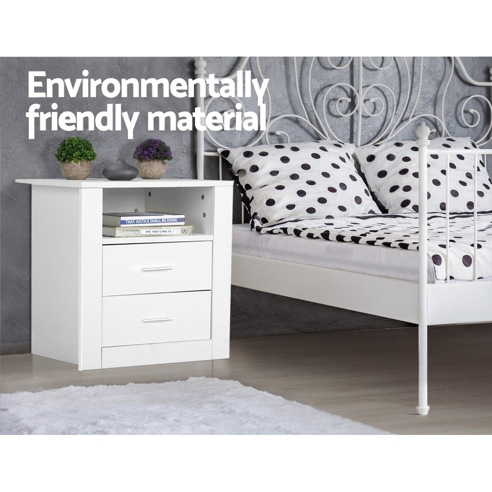 Bedside Table 2 Drawer Nightstand Shelf White