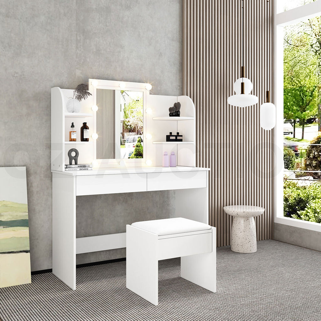 Dressing Table Makeup Mirror with Stool Drawer & Light Bulbs