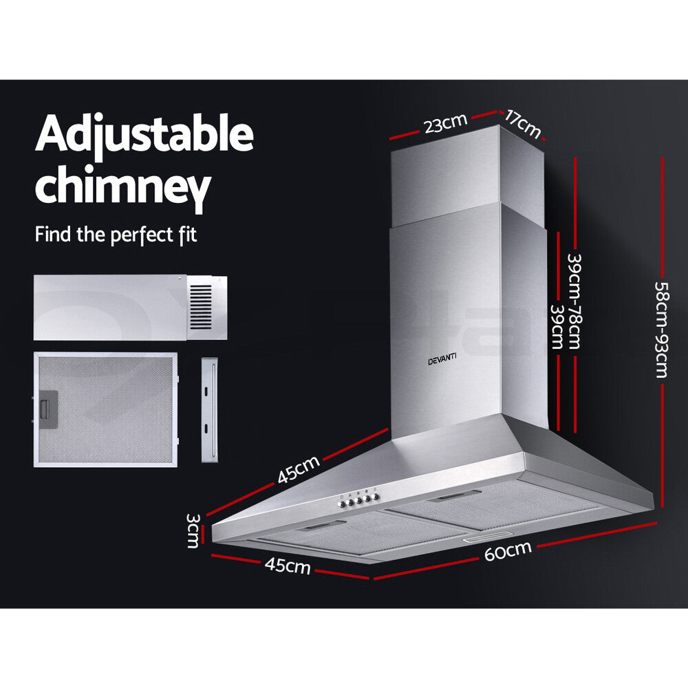 60cm Kitchen Rangehood Canopy LED Stainless Steel