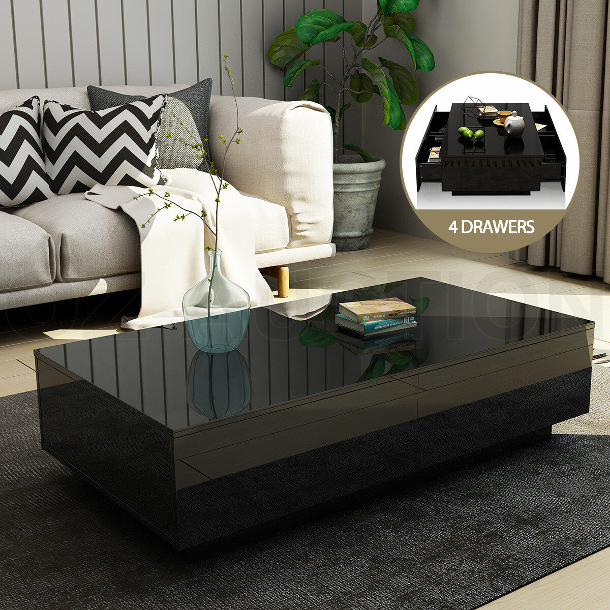 Modern Coffee Table 4-Drawer Side Table High Gloss Living Room Black