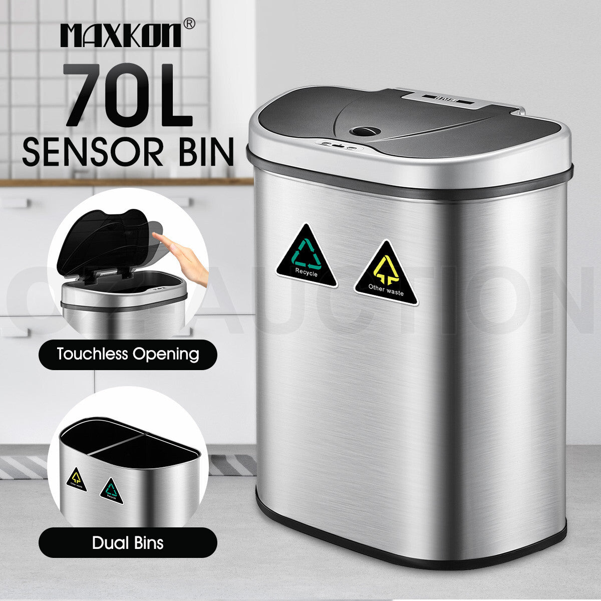 Maxkon 70L Motion Sensor Rubbish Bin Stainless Steel Kitchen