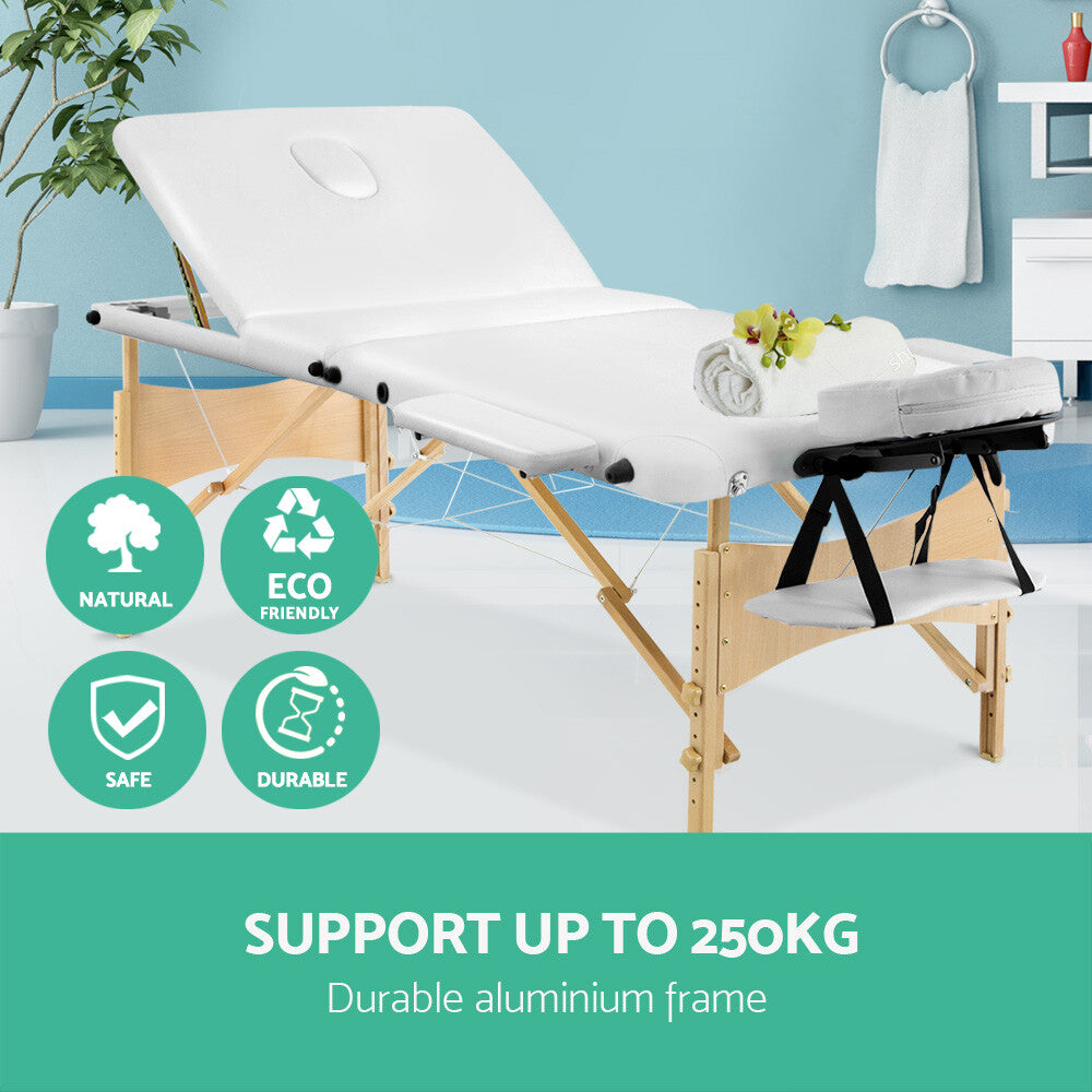 Portable Massage Table 70cm 3 Fold Wooden Therapy Bed White