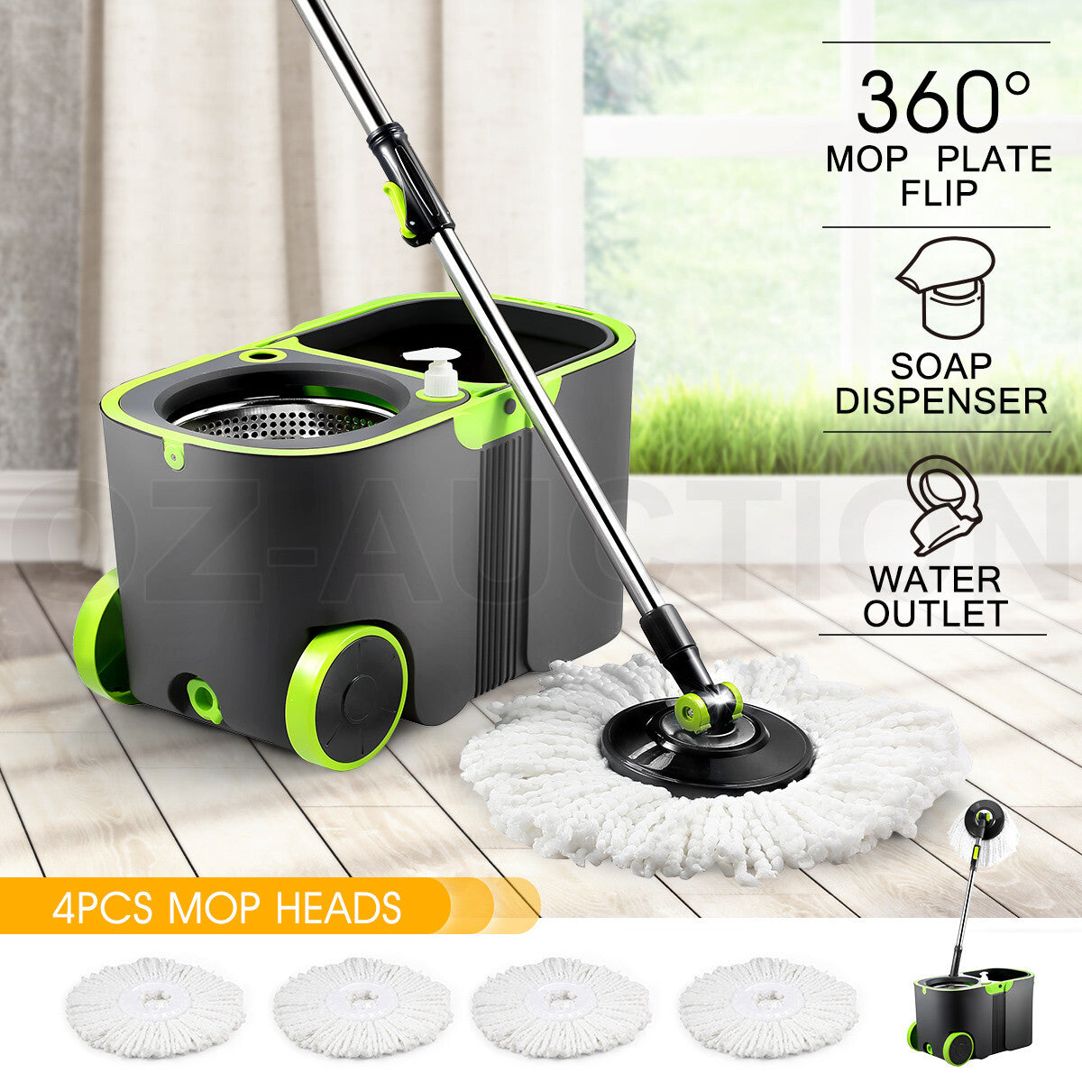 360° Spin Mop Set – Rotating Bucket with Wheels & 4 Microfiber Heads