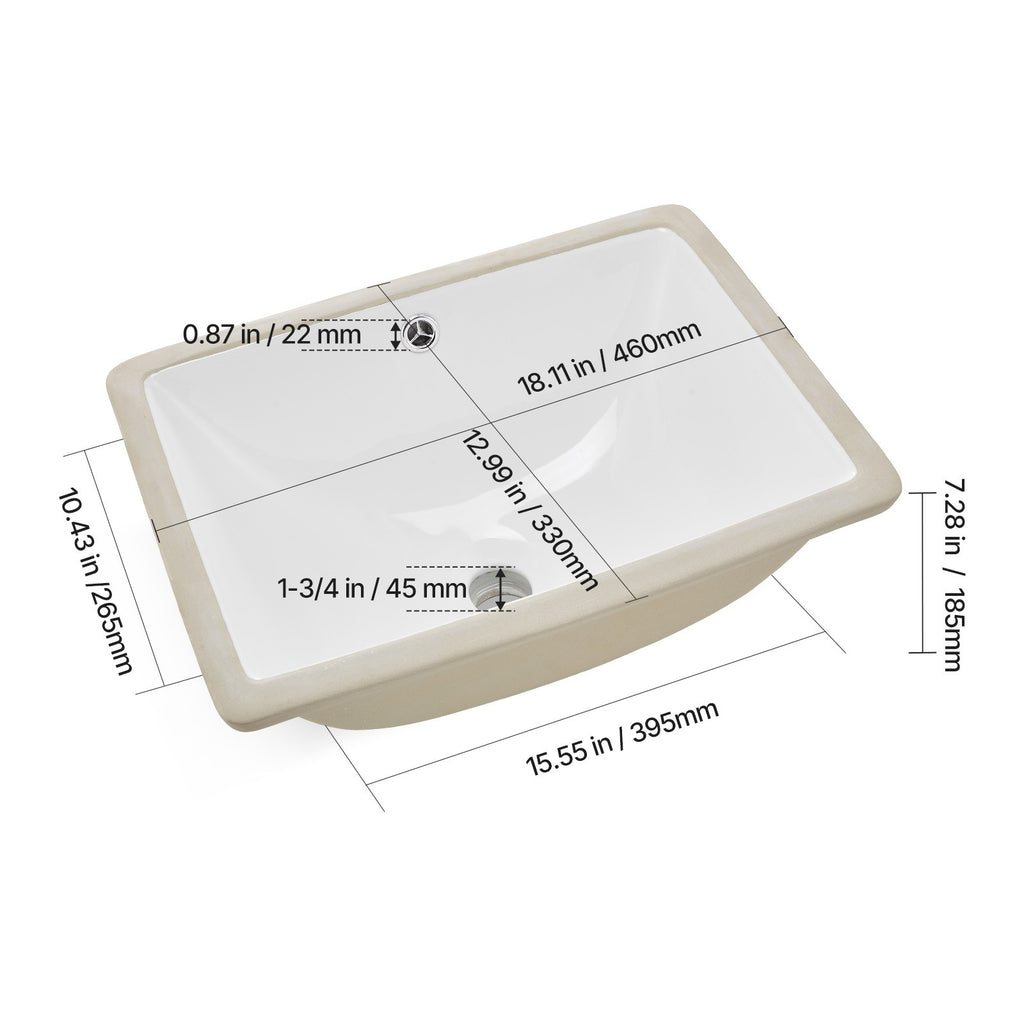 Uimoso Rectangular White Ceramic Undermount Bathroom Sink 460x330 mm