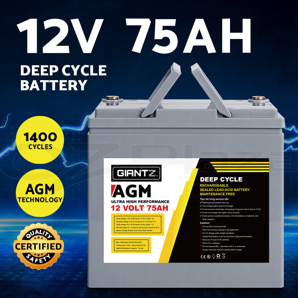 12V 75Ah AGM Deep Cycle Battery Marine Sealed Solar