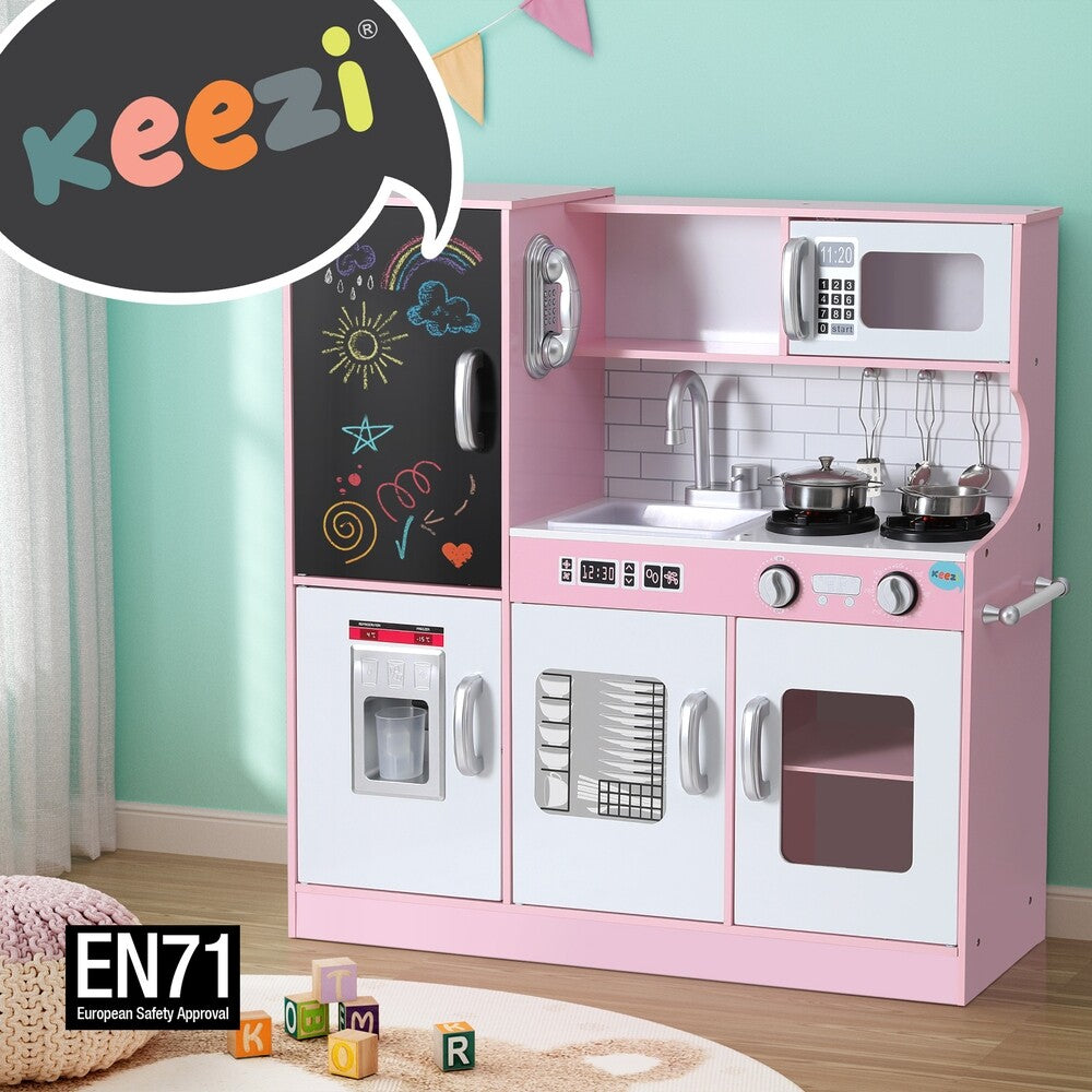 Kids Wooden Pretend Kitchen Play Set Oven Blackboard 80cm Pink