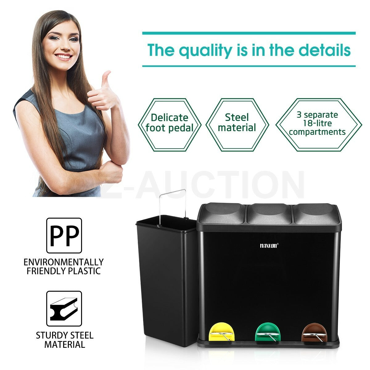 Maxkon 54L Pedal Rubbish Bin Triple Compartment Waste Can Black