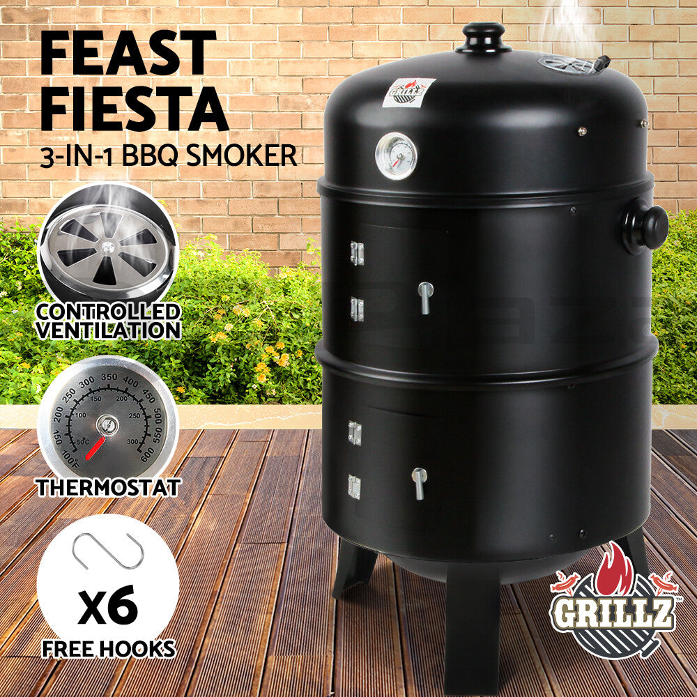 3 in 1 Portable Charcoal BBQ Grill Smoker Steel Camping