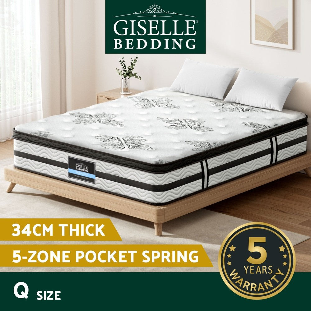 OVCN 34cm Euro Top Mattress Pocket Spring Medium Firm Queen