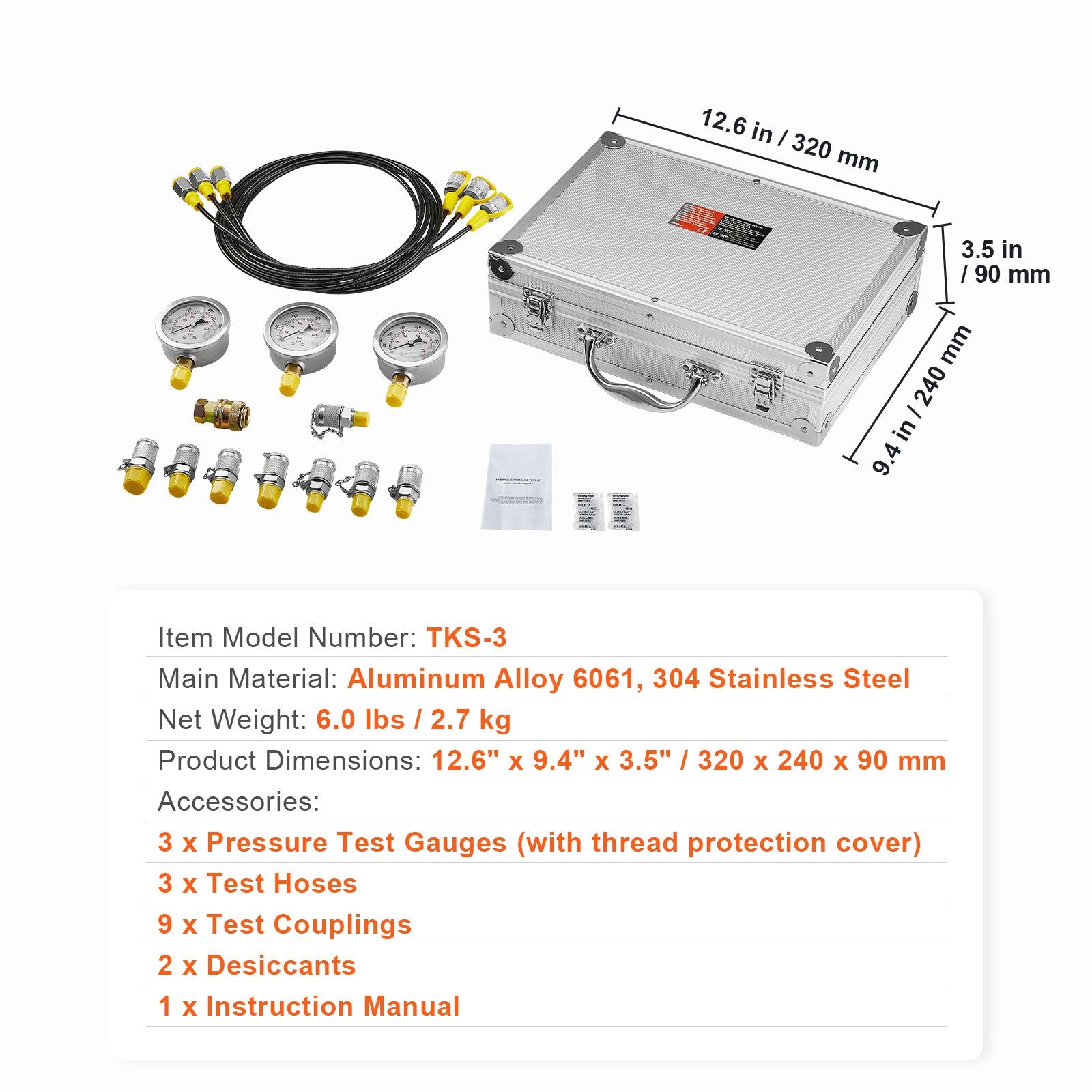 Uimoso Hydraulic Pressure Test Kit 3 Gauges 9 Test Couplings 3 Test Hoses Case