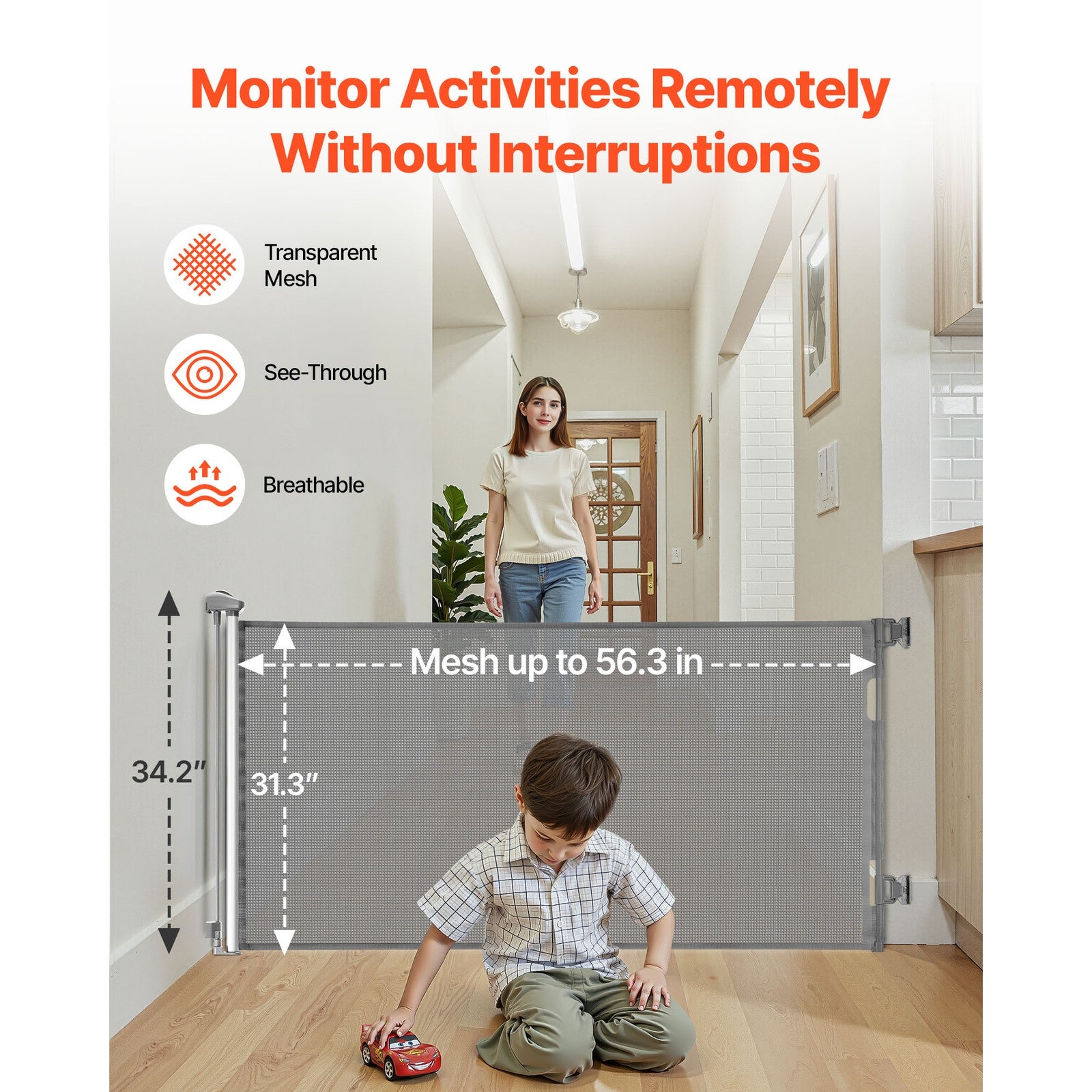 Uimoso Retractable Mesh Gate for Pets and Babies, 1430 mm W, 795 mm Tall, Gray