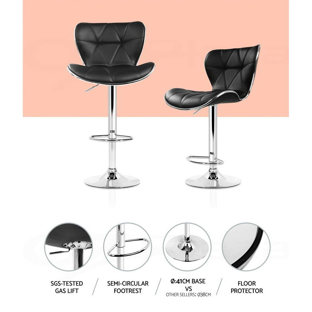 2x Bar Stools Gas Lift Swivel Leather Chairs Black