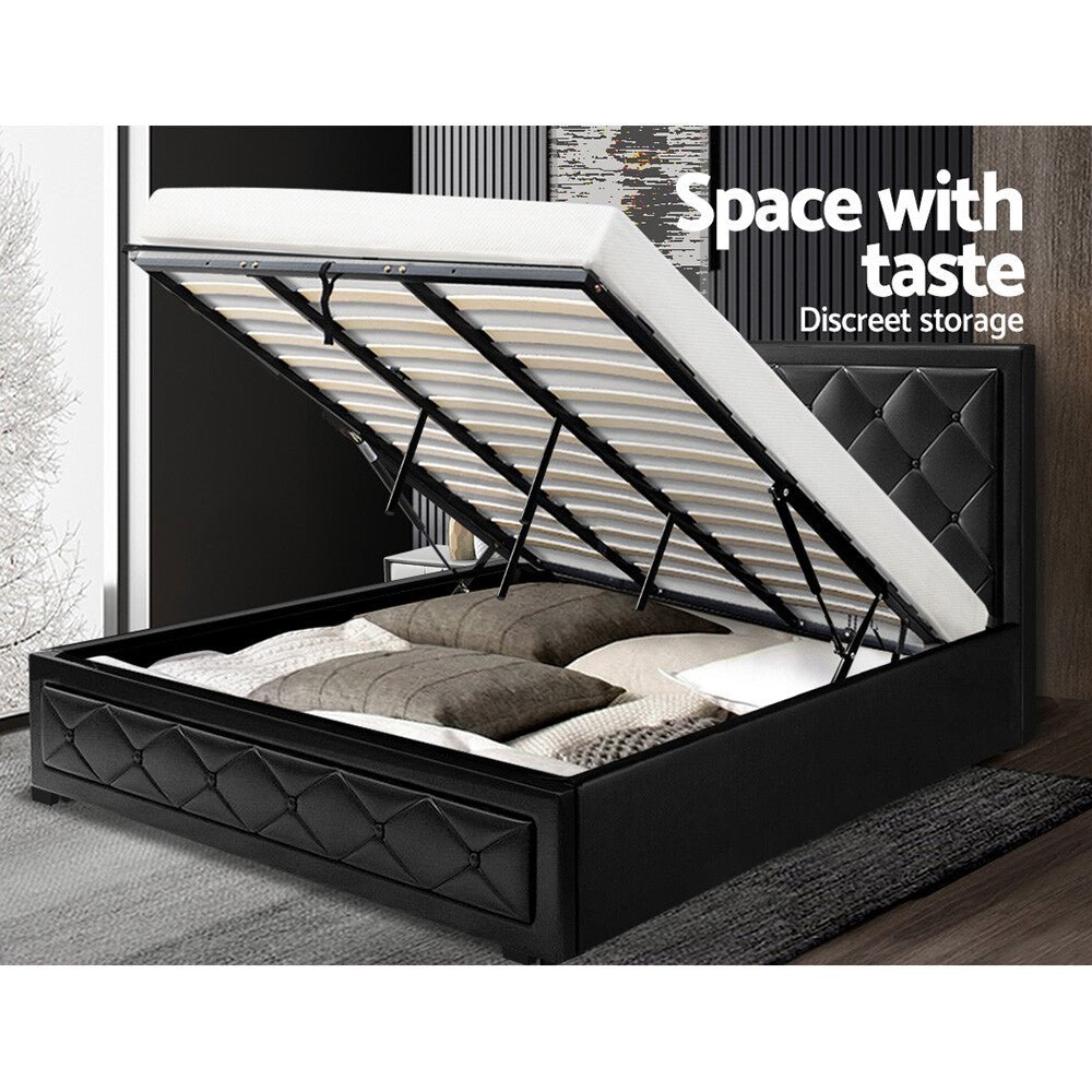 King Size Bed Frame Gas Lift Storage Wooden Black