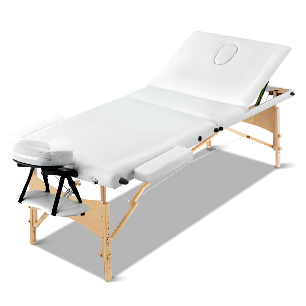 Portable Massage Table 70cm 3 Fold Wooden Therapy Bed White