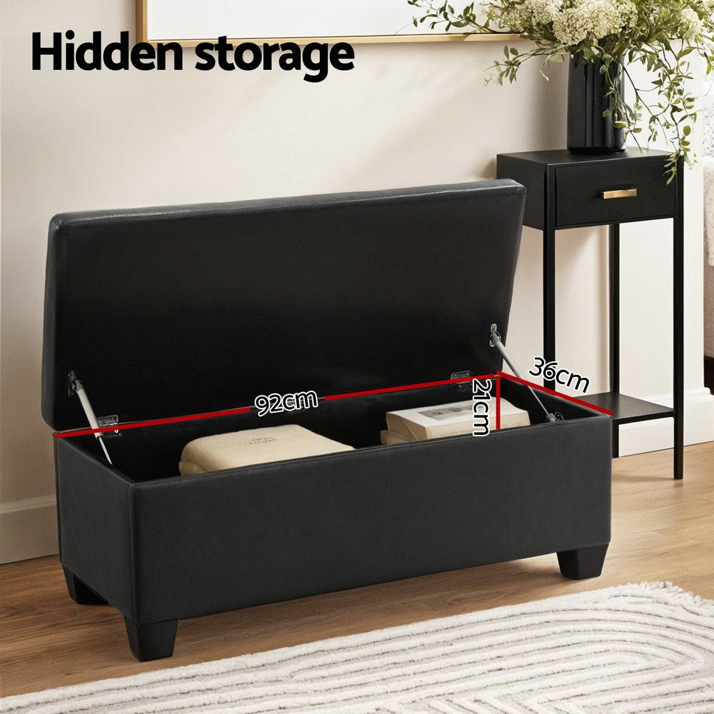 97cm Leather Storage Ottoman Blanket Box Bench Black