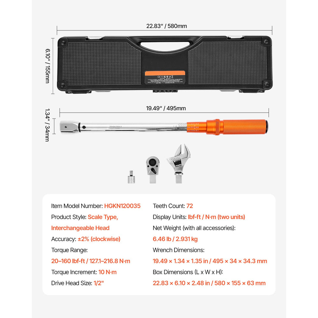 Uimoso Adjustable Click Torque Wrench 1/2 In Drive 20-160 lbf-ft/27.1-216.8 N.m