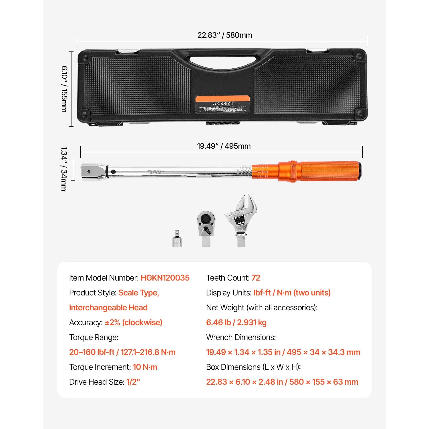 Uimoso Adjustable Click Torque Wrench 1/2 In Drive 20-160 lbf-ft/27.1-216.8 N.m